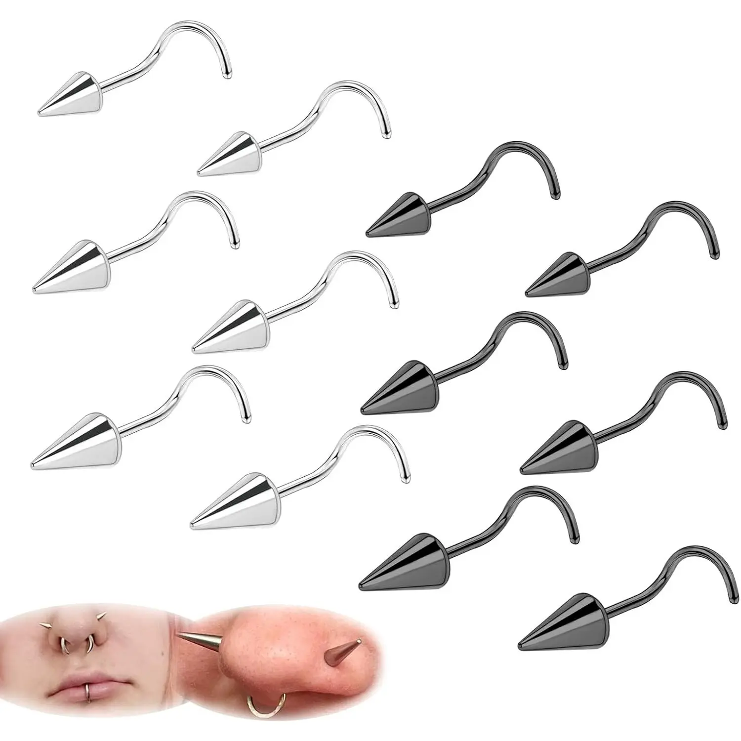 20G Spike Nose Rings Studs, 18G Stainless Steel Spike Stud Earrings, 16G Septum Lip Rings Cartilage Tragus Helix  for Women Men
