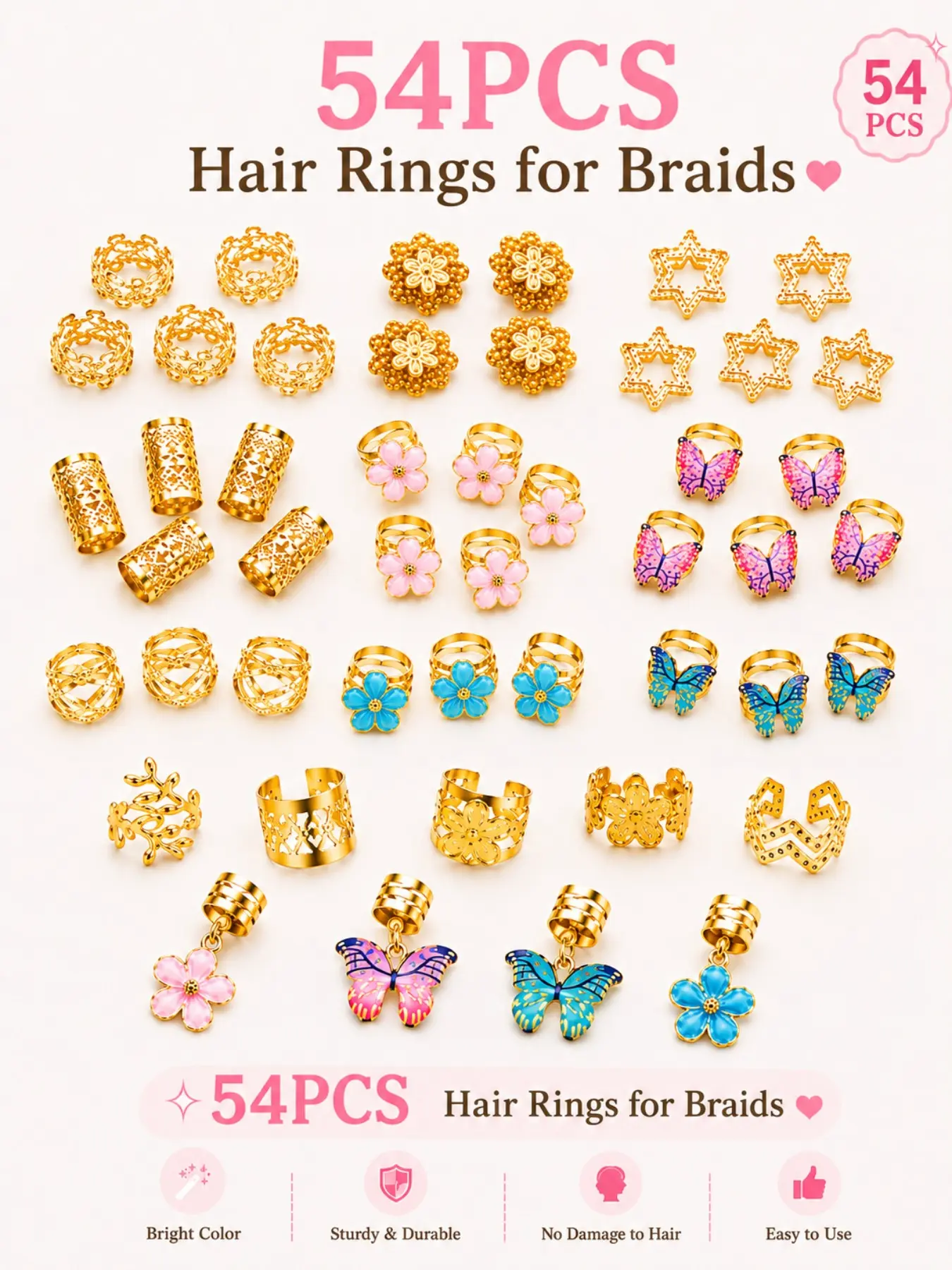 54pcs Floral Wave Hair Rings Set, Adjustable Versatile Alloy Hair Cuffs, Colorful Butterfly & Camellia Design, Vibrant Elegant Garden Style Hair Accessories