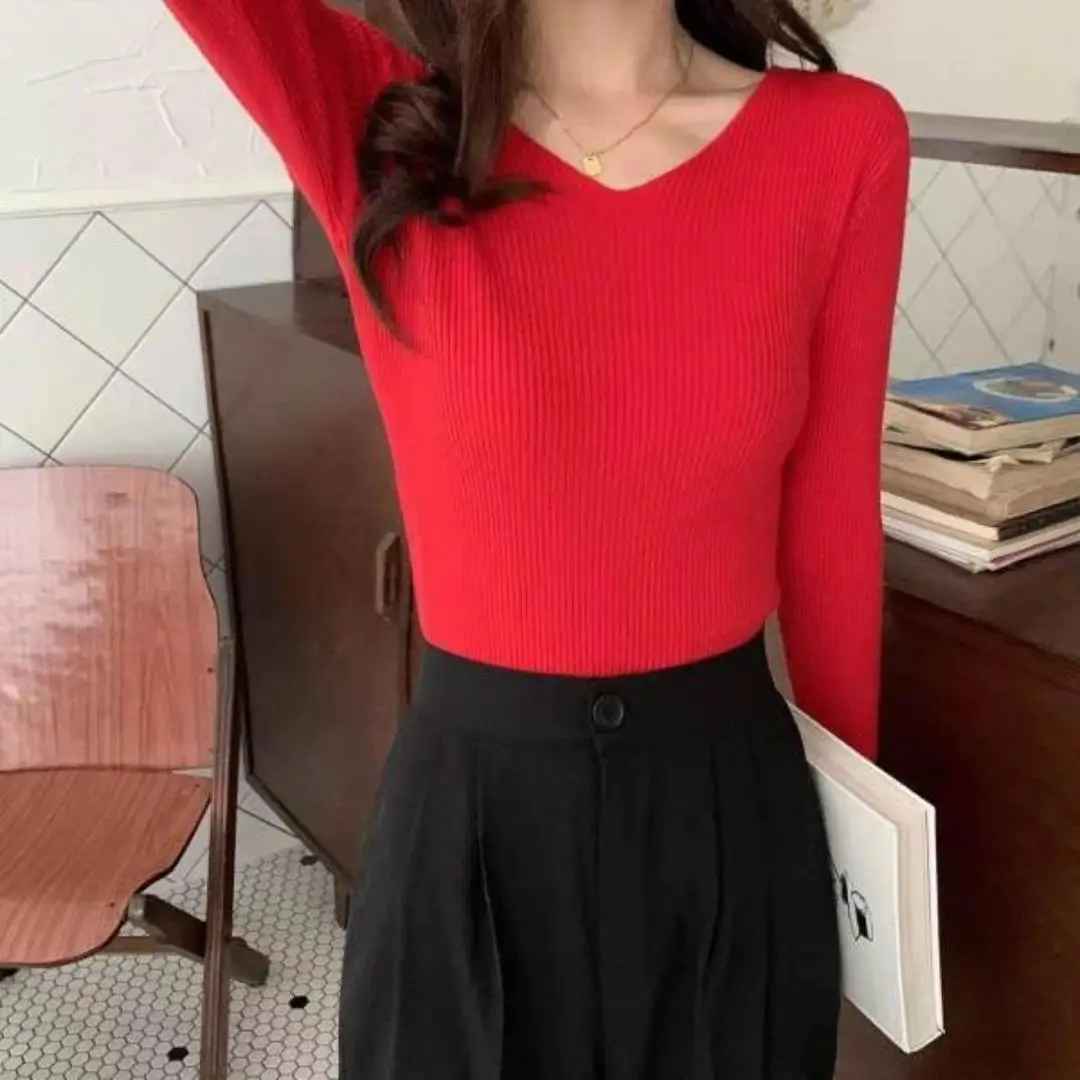 Casual V-neck Long Sleeve Women Sweaters Female Solid Knitted Pullover Basics Jersey Tops Trend Clothing All-match Multicolored