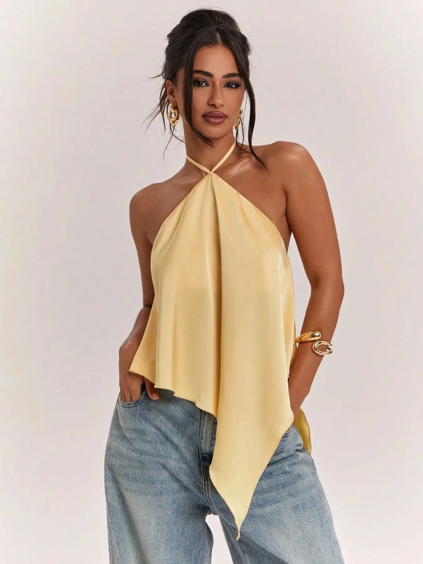 French Style Halter Neck Handkerchief Hem Satin Top, Elegant Backless Sleeveless Flowy Blouse, Casual Chic Summer Wear, Ideal for Coastal Café Dates, Boutique Shopping & Rooftop Dinners, Yellow Top