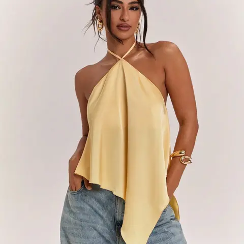 French Style Halter Neck Handkerchief Hem Satin Top, Elegant Backless Sleeveless Flowy Blouse, Casual Summer Wear, Ideal for Coastal Café Dates, Boutique Shopping & Rooftop Dinners, Yellow Top, Casual Summer Tops