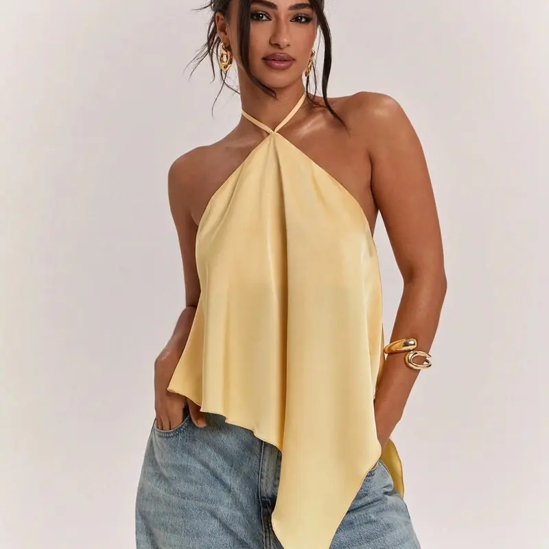 French Style Halter Neck Handkerchief Hem Satin Top, Elegant Backless Sleeveless Flowy Blouse, Casual Summer Wear, Ideal for Coastal Café Dates, Boutique Shopping & Rooftop Dinners, Yellow Top, Casual Summer Tops