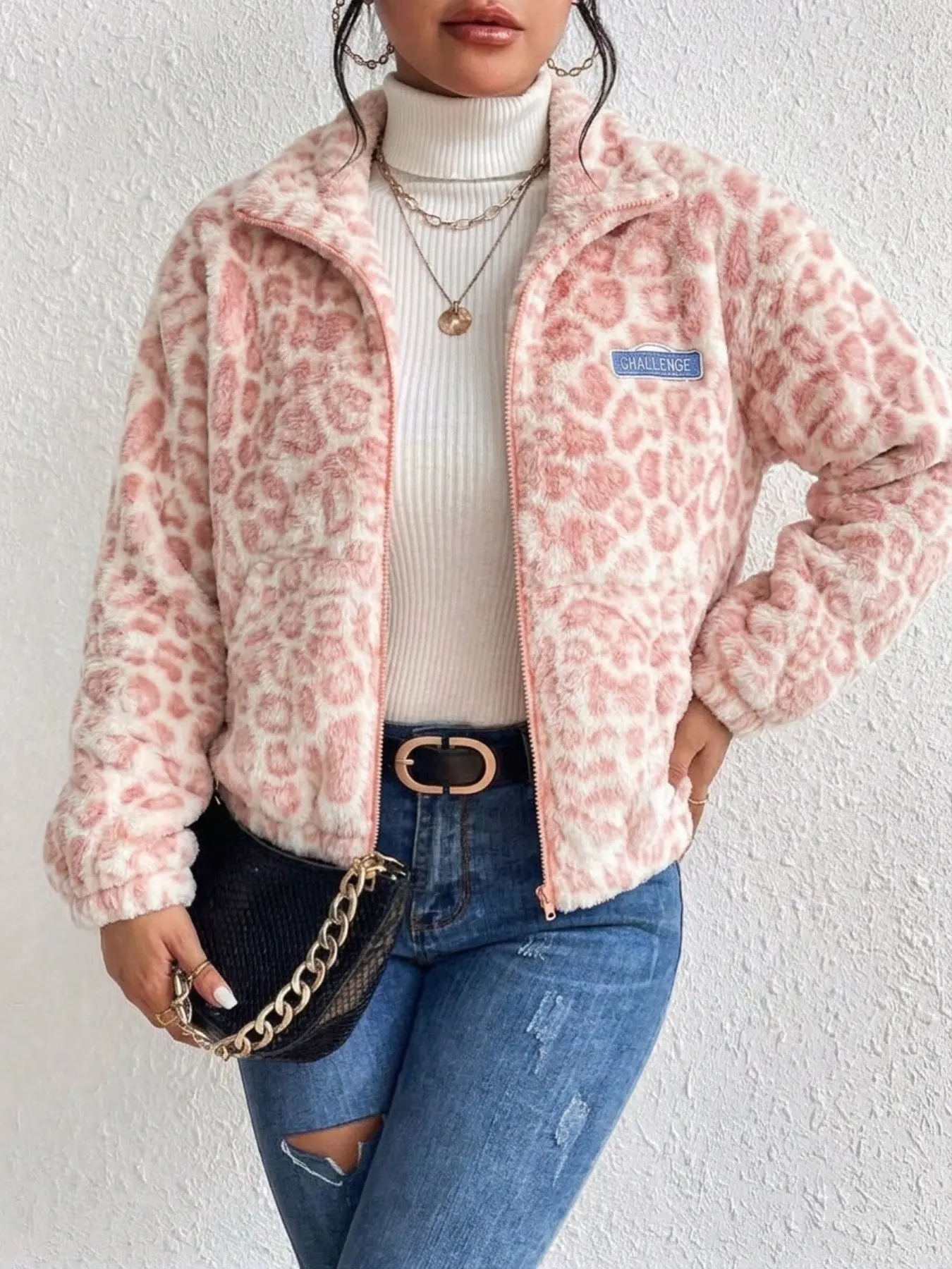 Women Pink White Leopard Print Teddy Fleece Full Zip Stand Collar Jacket Challenge Embroidered Badge Long Sleeve Cropped Loose Fit Soft Plush Fabric Streetwear Y2K Casual Daily Outerwear Fall Winter Ladies Fashion Apparel