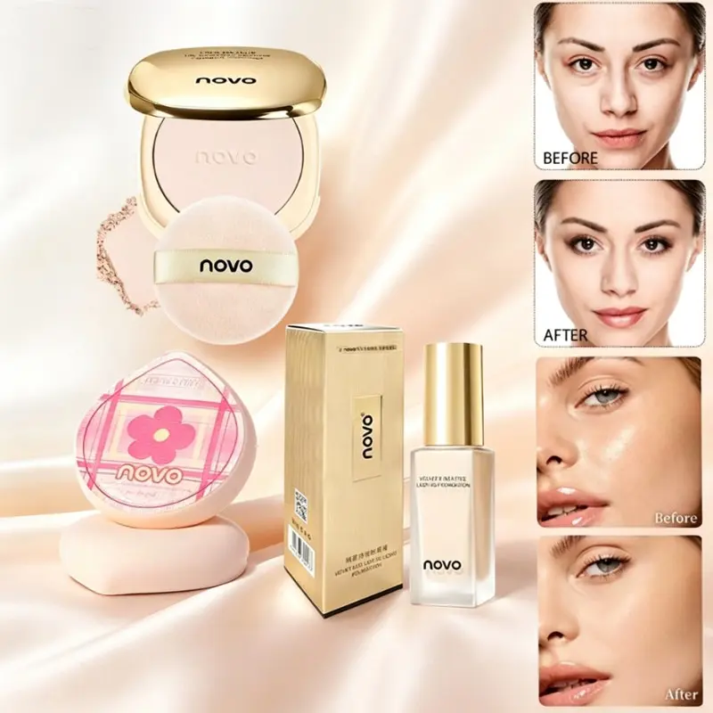 NOVO Complete Base Makeup Set Velvet Matte Oil Control Foundation With Setting Powder & Flower Powder Puff Waterproof Sweatproof Long Lasting Flawless Daily Makeup Coverage