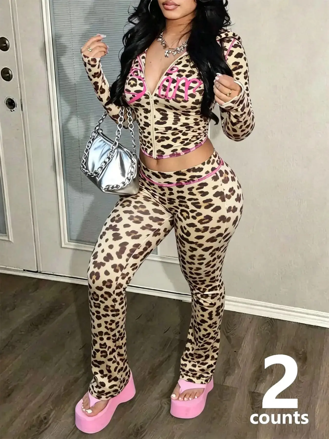 Y2K Leopard Print Two-Piece Set, Letter Embroidery Short Hooded Zipper Top, High-Waisted Flared Pants, Casual Loose-Fit Jumpsuit, Set Outfit