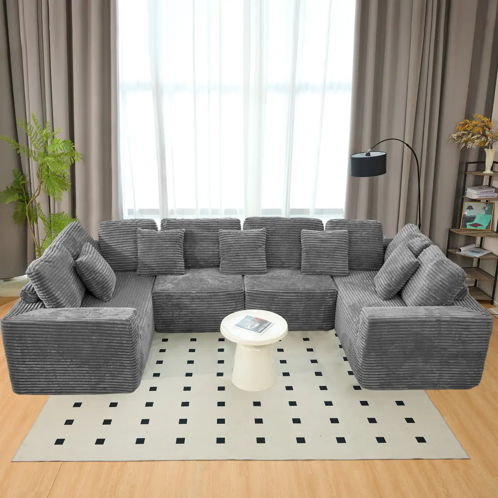 135.5-in Unboxed Modular U-Shaped 6-Seater Sectional Couch, Reversible Chaise Lounge, Striped Corduroy Grey Living Room Sofa with Freely Configurable Layout (Old Sku:W3276S00006), Polyester
