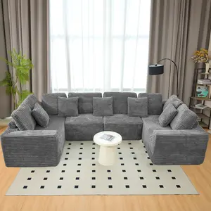 135.5-inch Modular U-Shaped Sectional Sofa, 6-Seater Chaise Lounge with Reversible Design, Striped Corduroy Fabric in GREY–Living Room Couch, Freely Configurable Layout.(Old Sku:W3276S00006)
