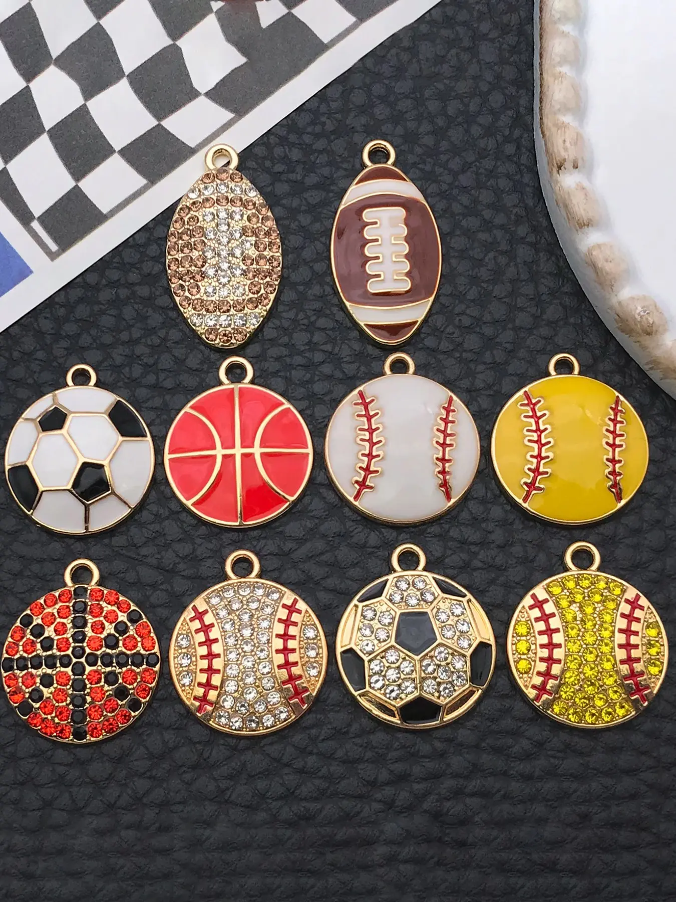 10pcs Sports Ball Charms Enamel Basketball Baseball Football Charms Rhinestone Ball Game Charm Metal Softball Charm for DIY Earring Jewelry Making Decorative Charm Charm Accessory