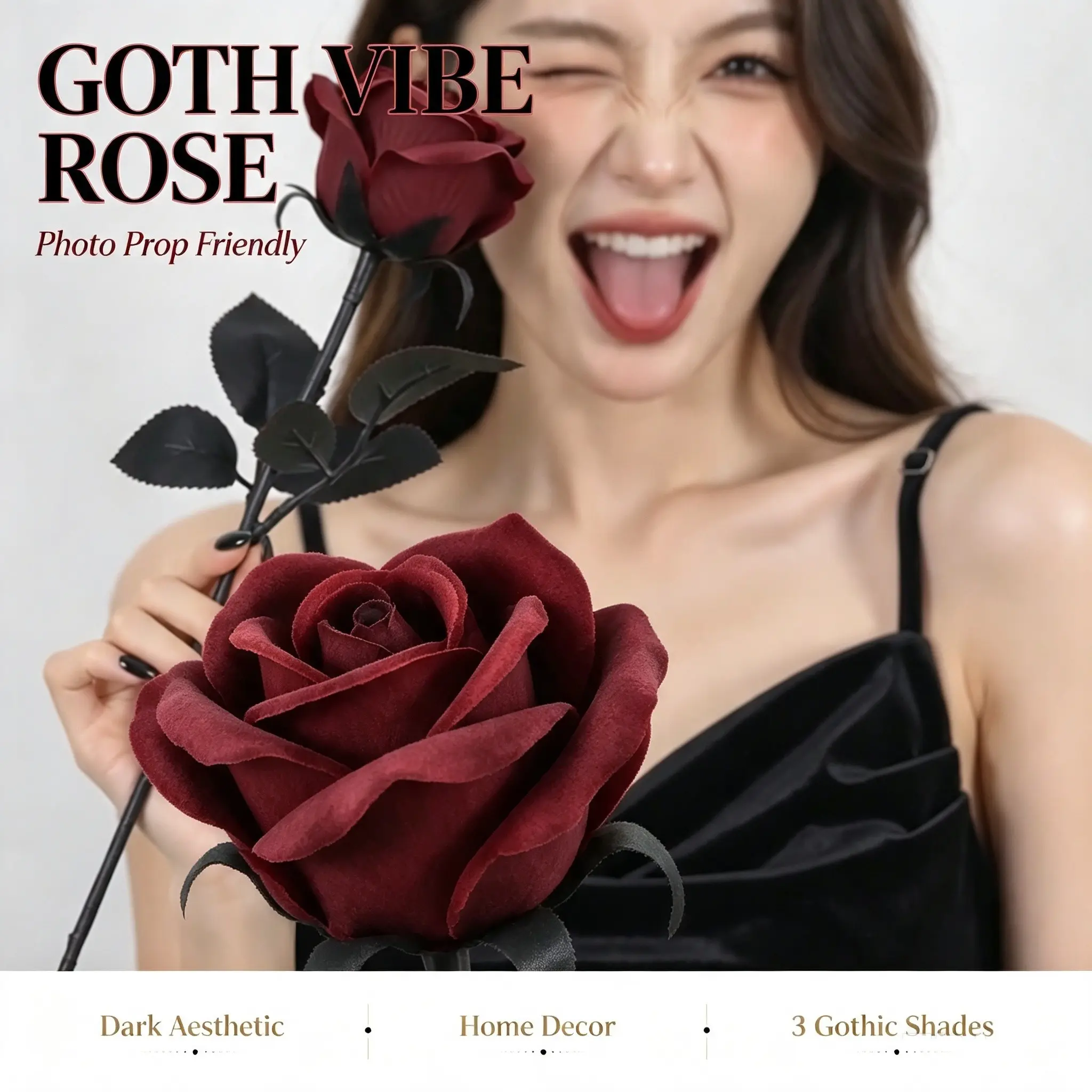 Gothic Black Magic Artificial Silk Rose Stems, Spooky Dark Aesthetic Home Table Centerpiece Decor, Multi-use Halloween Goth Photography Prop, Dark Floral Bouquet For Vase, Bedroom & Party Gothic Ornament