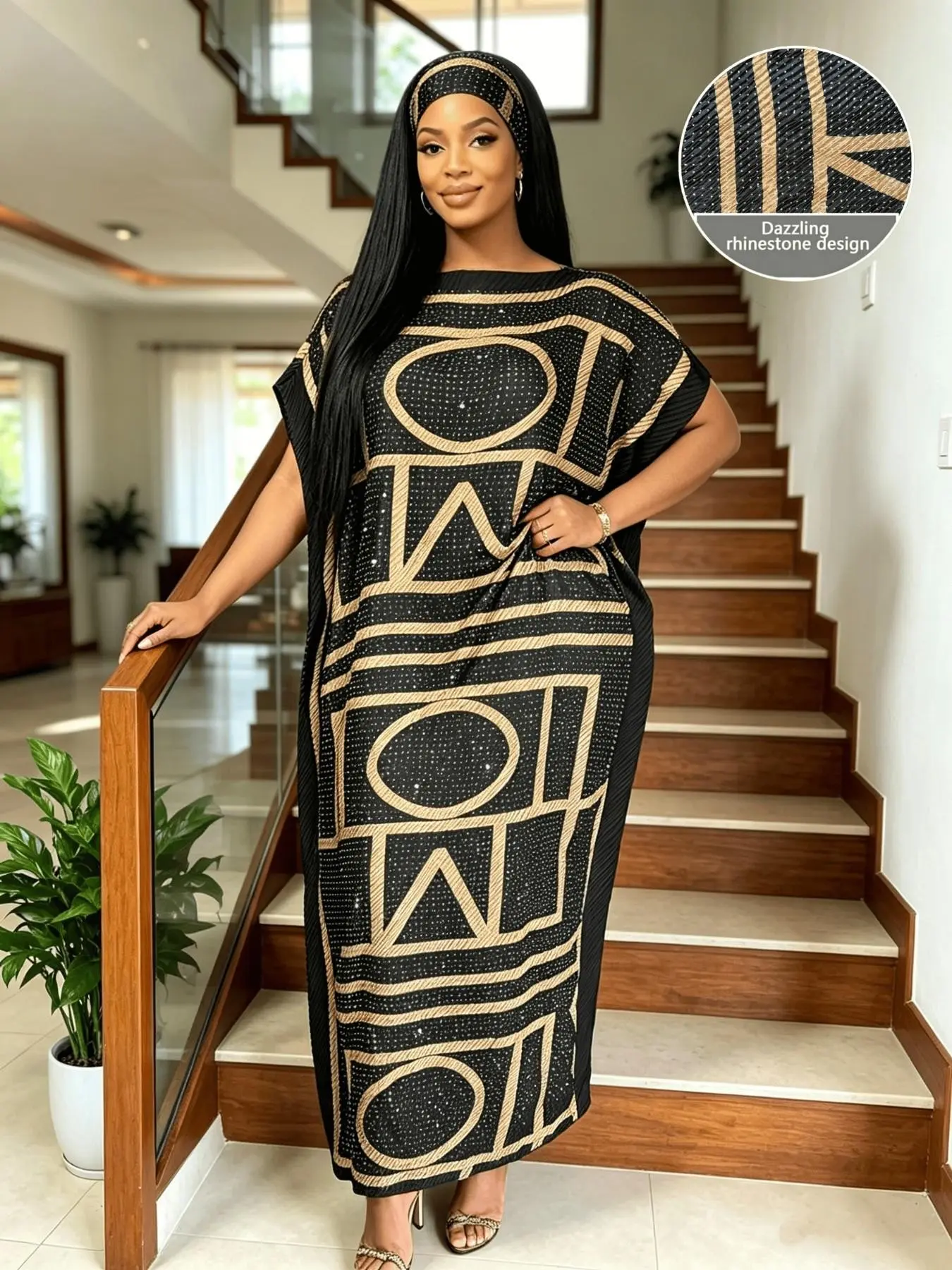 Plus Size Women Rhinestone Pleated Maxi Kaftan Dress 2 Piece Set Collection, Lightweight Breathable Crinkled Batwing Long Dress with Matching Headwrap, Luxury Printed Resort Loungewear Cover Up for Curvy Ladies, Multi Print Leopard Chain Floral Geometric