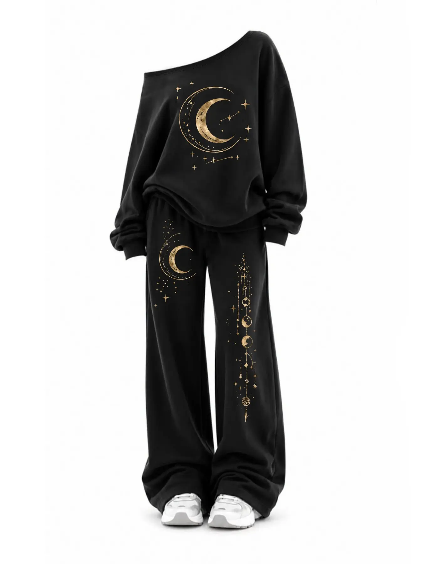 Women's Autumn Y2K Casual Set, One-Shoulder Sweatshirt and Sweatpants, Star Moon Print, Daily & Outdoor Wear