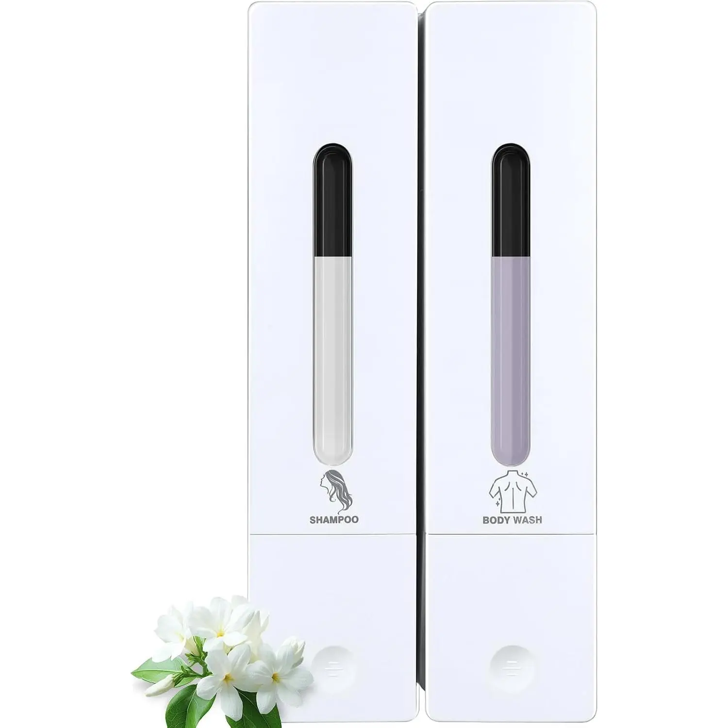2-Chamber Wall Mount Shampoo and Conditioner Dispenser - No Drill Modern ABS Plastic Clog-Proof White Refillable Bathroom Bottle Set (2x400ml) for Shower, Hotel Use