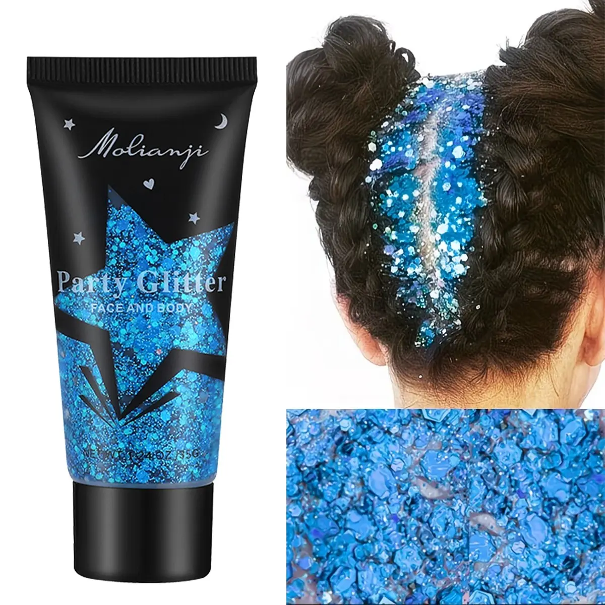 Shimmering Gel for Face Hair Body, Glitter Shiny, Washable Non-Damaging, Fine Texture, Waterproof Sweatproof, Multi-Use Styling Gel