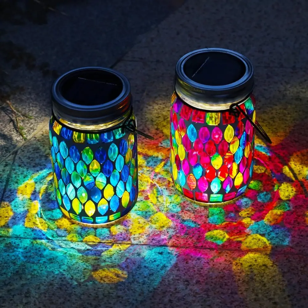 1 Pcs Mosaic Solar Lanterns Outdoor Hanging Lights Solar Table Lamps Metal Decorative Mosaic Glass Lights Outdoor Solar Night Lights for Garden Patio Pathway Yard Backyard Porch Balcony Decor Waterproof Auto on Off Solar Powered Landscape Ornament Light