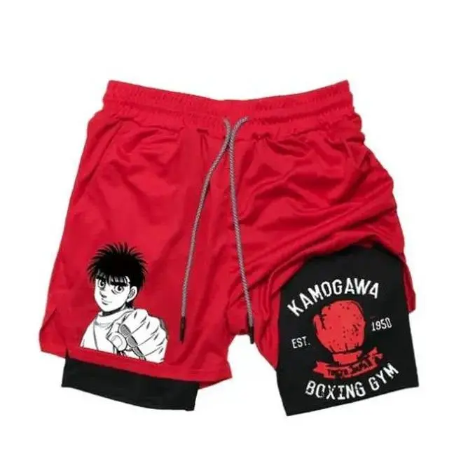 Anime Ippo Sporty Chic Double-Layer Sports Shorts, Universal All-Seasons Amine-Inspired Bottoms for Fitness Training, Beach Wear & Fitness Swim, Breathable Mesh Compression Men's Sports Shorts