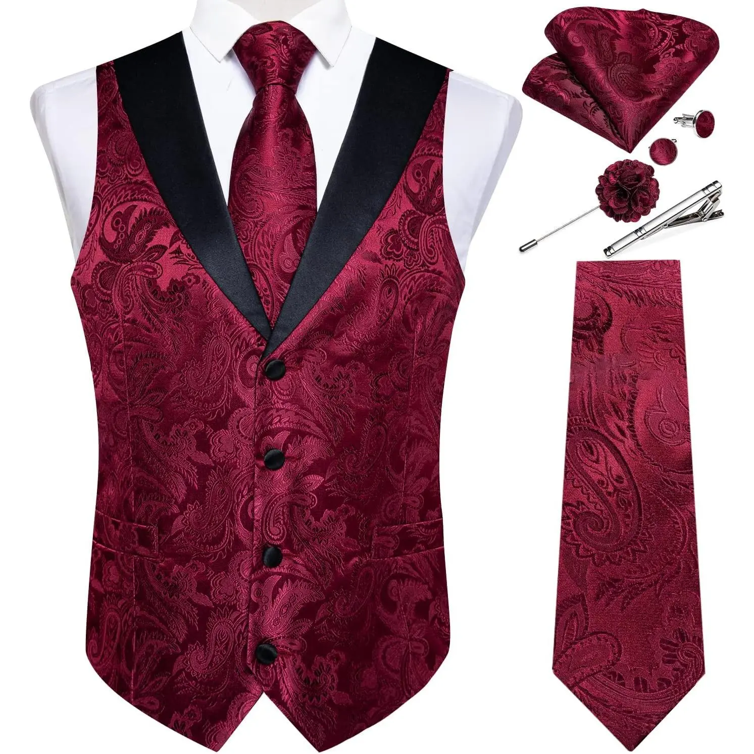 Mens Paisley Suit Vest Silk Jacquard Waistcoat and Necktie Set Formal Shawl Collar Dress Vest 7PCS for Wedding Party