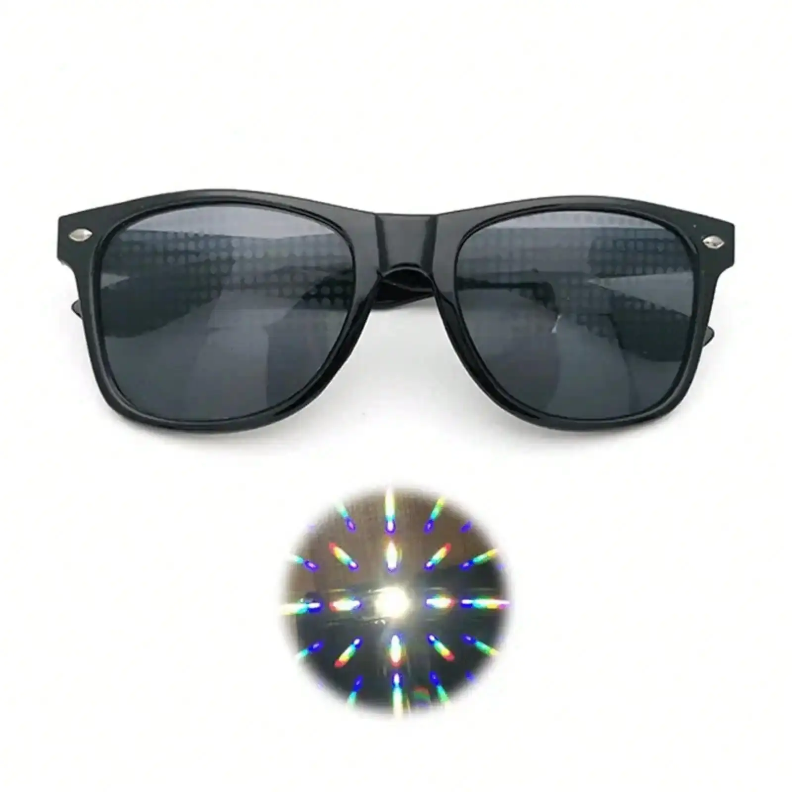 Prism Effect Diffraction Glasses - Black Frame, Light Refraction Lenses, Suitable For Parties, Raves, Concerts - Disco And Casual Outfits - No Prescription Needed, Rave Essential, Fun Glasses, Durable Material