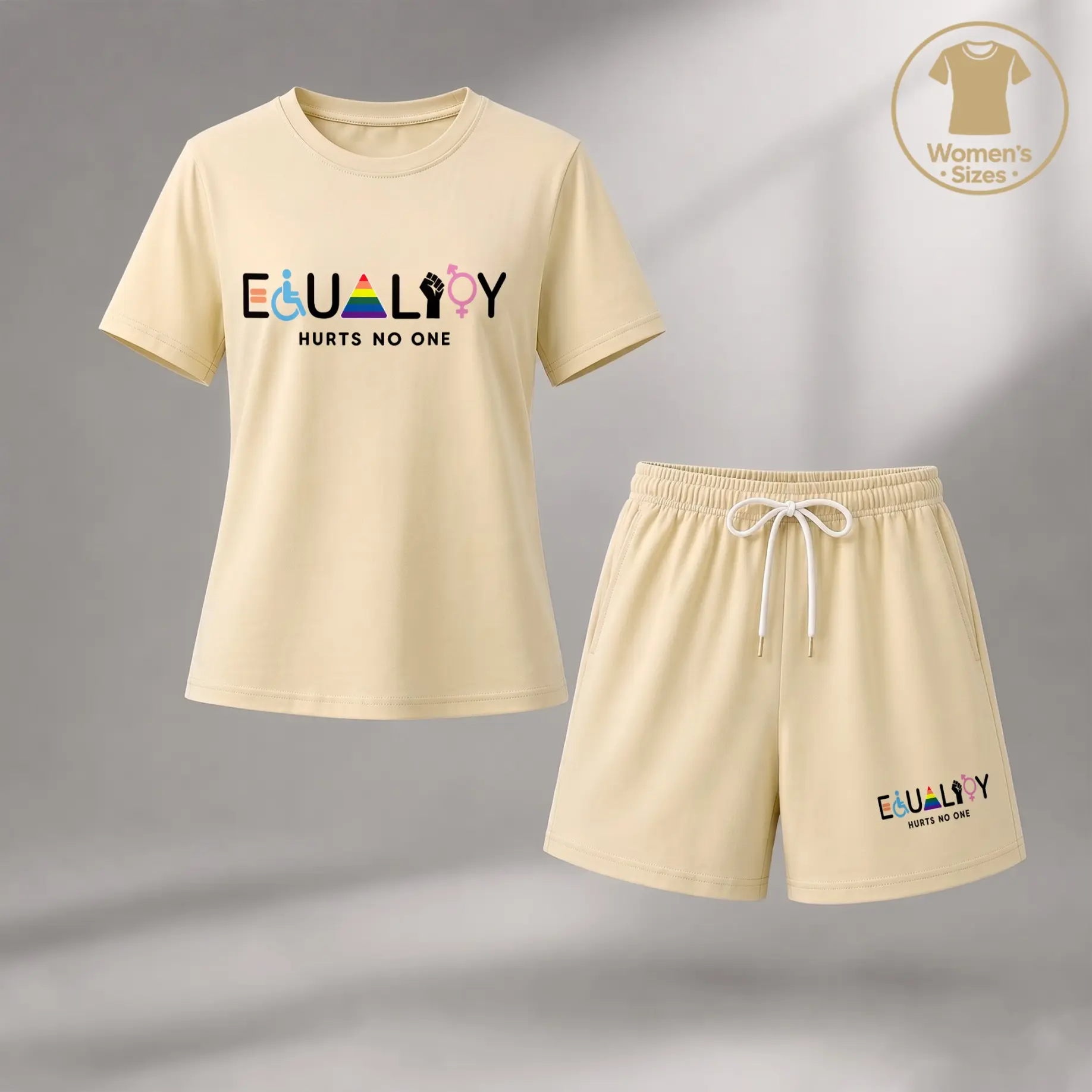 Women’s Pride Equality Graphic Tee & Drawstring Shorts Set, Short Sleeve Summer Two Piece Outfit, Soft Casual Lounge Set for Daily Wear and Vacation