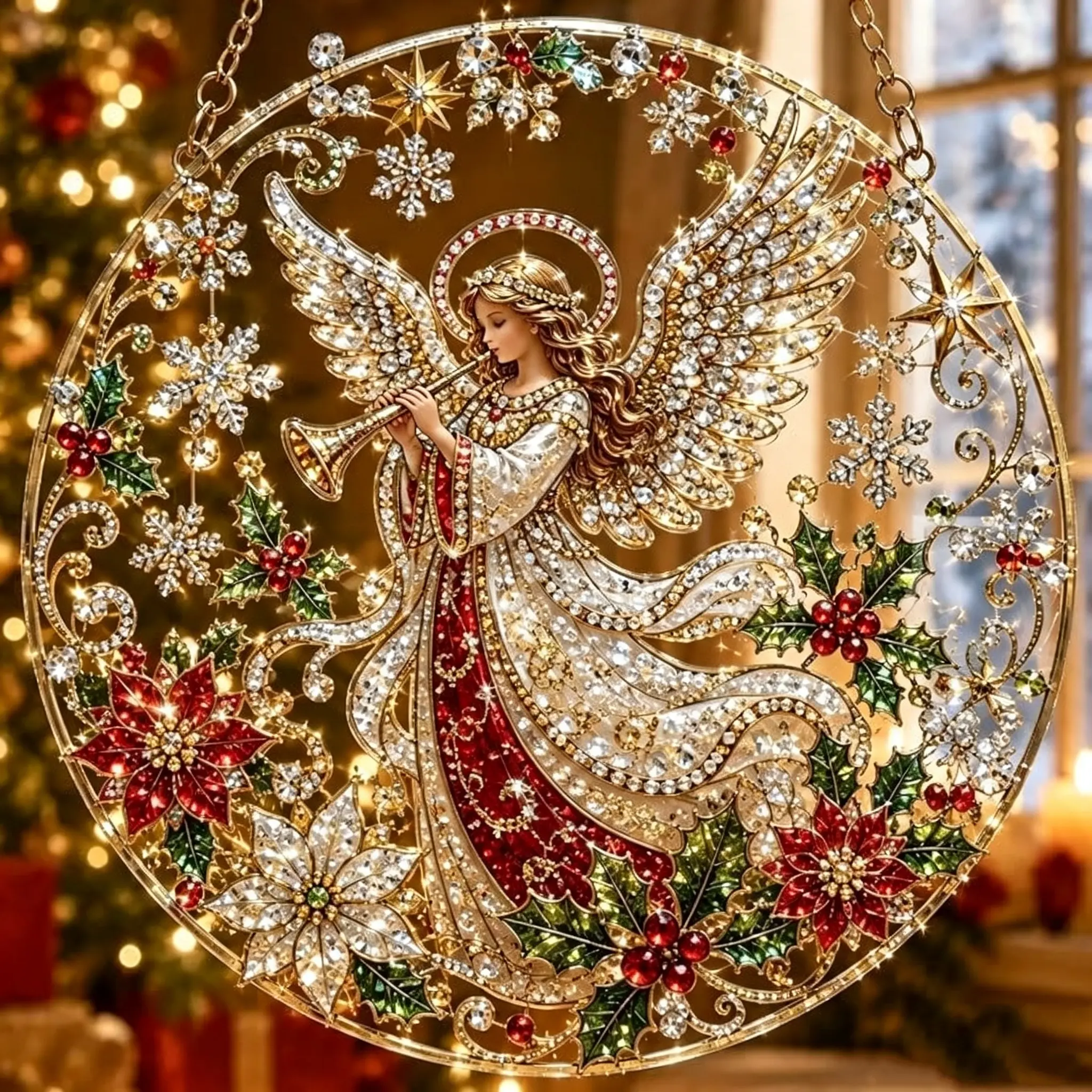 Christmas Round 2D Acrylic Suncatcher Hanging Ornament, Vintage Rhinestone Winter Town Nutcracker Angel Design Window Light Catcher, Xmas Home Front Door Window Wall Holiday Decor