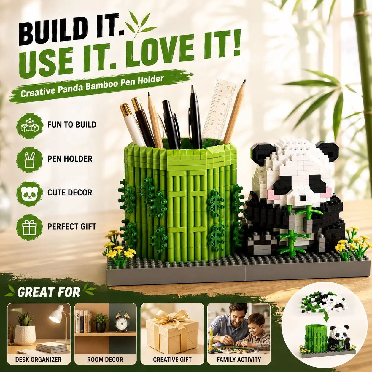 Panda Bamboo Pen Holder Puzzle, Fresh National Style Office Decor, Partitioned Storage, Panda Sculpture, Kids Assembly Toy, Desk Organizer, Back-To-School Gift