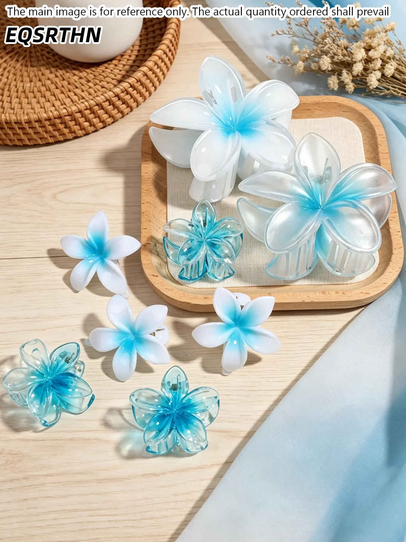 8 Pcs Blue and White Flower Hair Claw Clips, Transparent Floral Hair Accessories, Small and Medium Sized Plumeria Clips, Non-slip Jaw Clips for Thin to Medium Hair