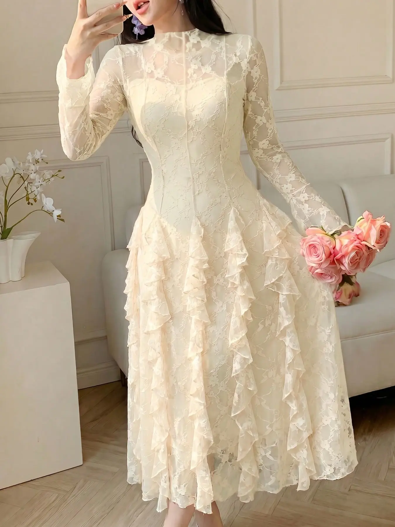 Lace Layered Midi Dress, Korean Gentle Style, Delicate Floral Lace, Lightweight Breathable, Asymmetrical Ruffle Hem, Versatile Daily Wear, Summer