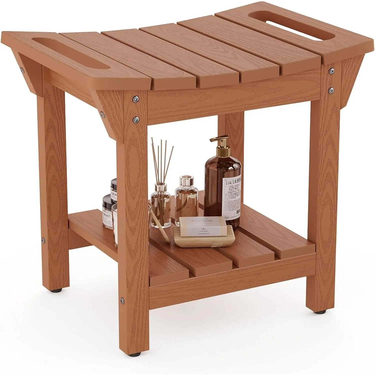 Shower Bench, Poly Lumber Shower Stool for Shaving , Shower Chair Seat with Storage Shelf and Handles, Bathroom Bench for Inside Shower, Non-Slip (Brown)