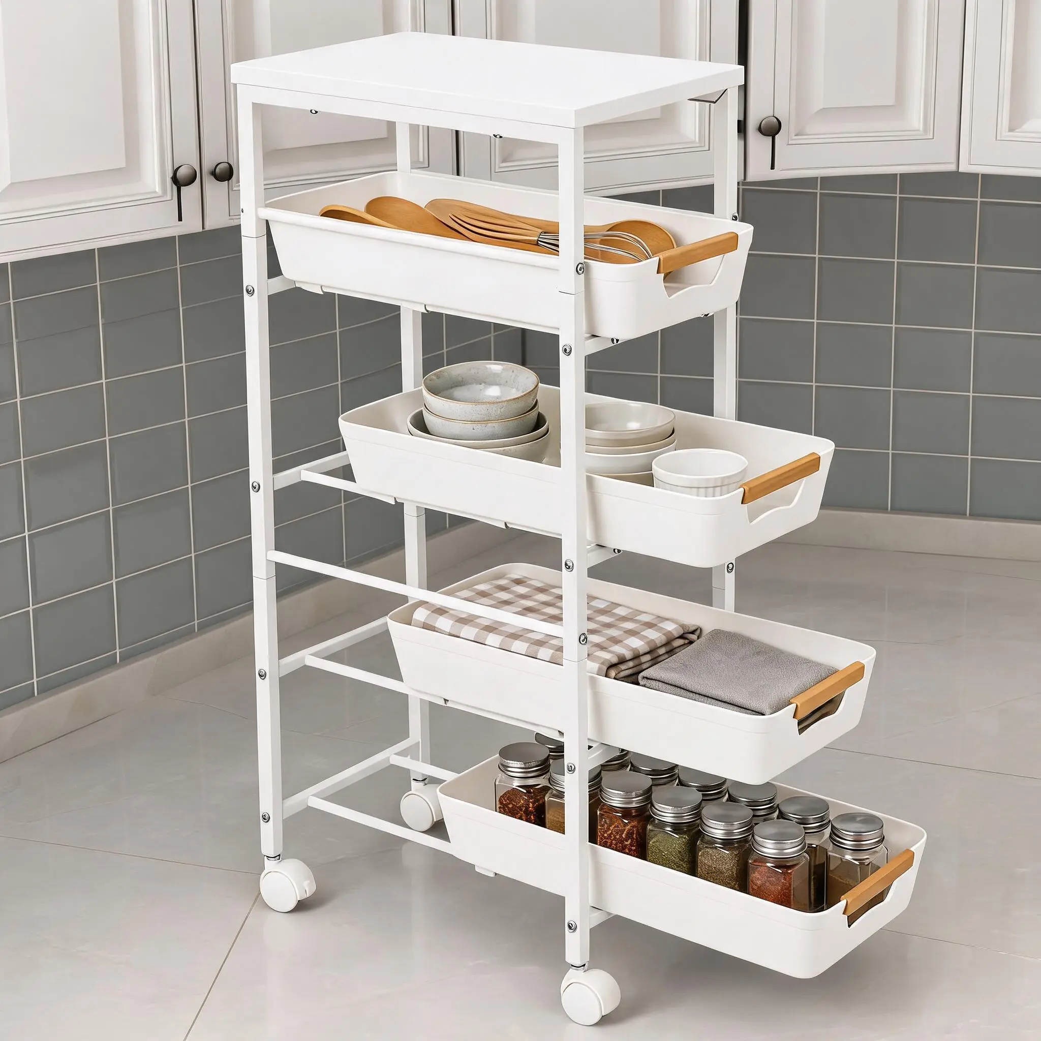 5-Tier 8.1" Slim Rolling Storage Cart with Wooden Top, Narrow Mobile Shelving Unit on Wheels, Pull-Out Basket Organizer for Small Spaces