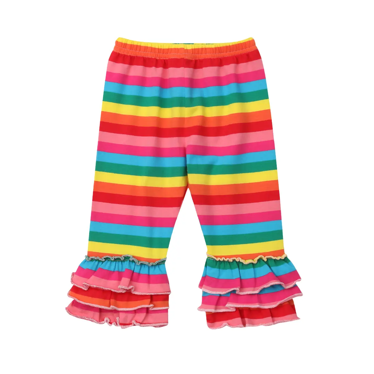 Rainbow Stripe Toddler Girl Capri Pants Double Ruffle Flare Leg Elastic Waist Kids Summer Casual Bottoms 1-6 Years Old