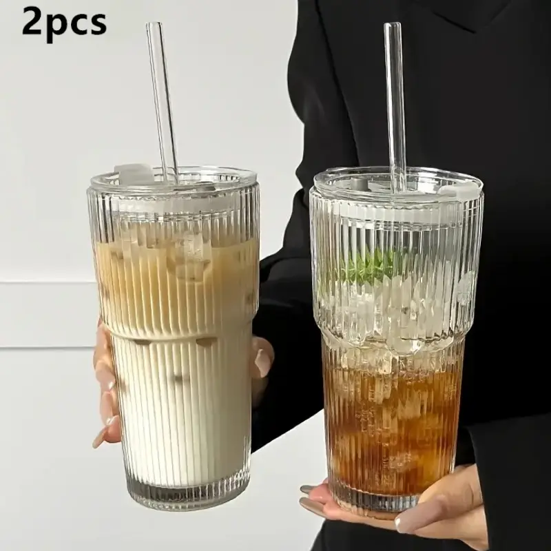 2 Sets Glass Coffee Cup with Lid and Straw, 550ML-600ML Reusable Travel Mug, Modern Home Office Beverage Cup, Durable High-Quality Glassware, Restaurant Grade Tumblers, Drinkware Tumbler, Drinking Tumbler