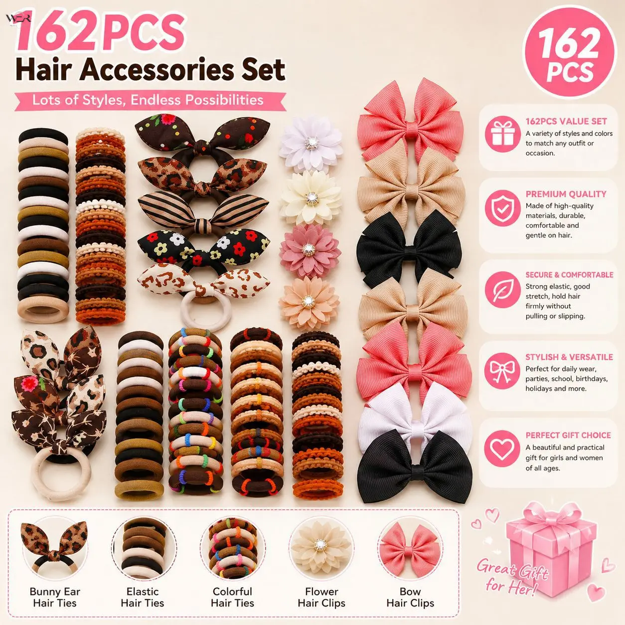 162Pcs Girls Mixed Hair Accessories Gift Set, Leopard Bunny Ear Hair Ties, Ribbed Colorful Ponytail Scrunchies, Floral Alligator Clips, Solid Satin Large Bow Barrettes, Multi-Style Kids Daily Party Hair Decor Bulk Pack