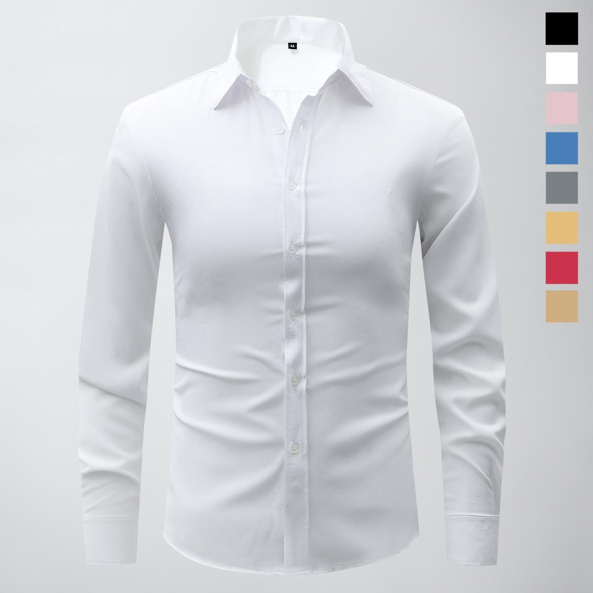 Non-stretch men’s slim-fit long-sleeve shirt; casual button-front dress shirt suitable for semi-formal and business-casual occasions; men’s formal inner layer; solid-color pointed-collar button-front long-sleeve shirt; menswear