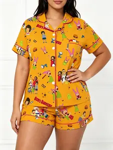Vintage Anime Theme Pajama Set, Short Sleeve Top + Shorts, Soft Teen Homewear, Cartoon Print, Pocket Design, Ideal for Movie Nights