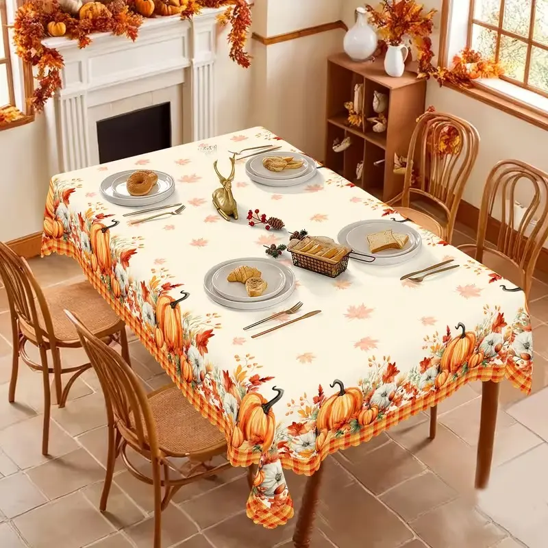 2D Flat Party Tablecloth, Fall Polyester Tablecloth, Pumpkin Mapleberry Watercolor Design, Thanksgiving, Harvest Party, Indoor/outdoor Rectangular Tablecloth