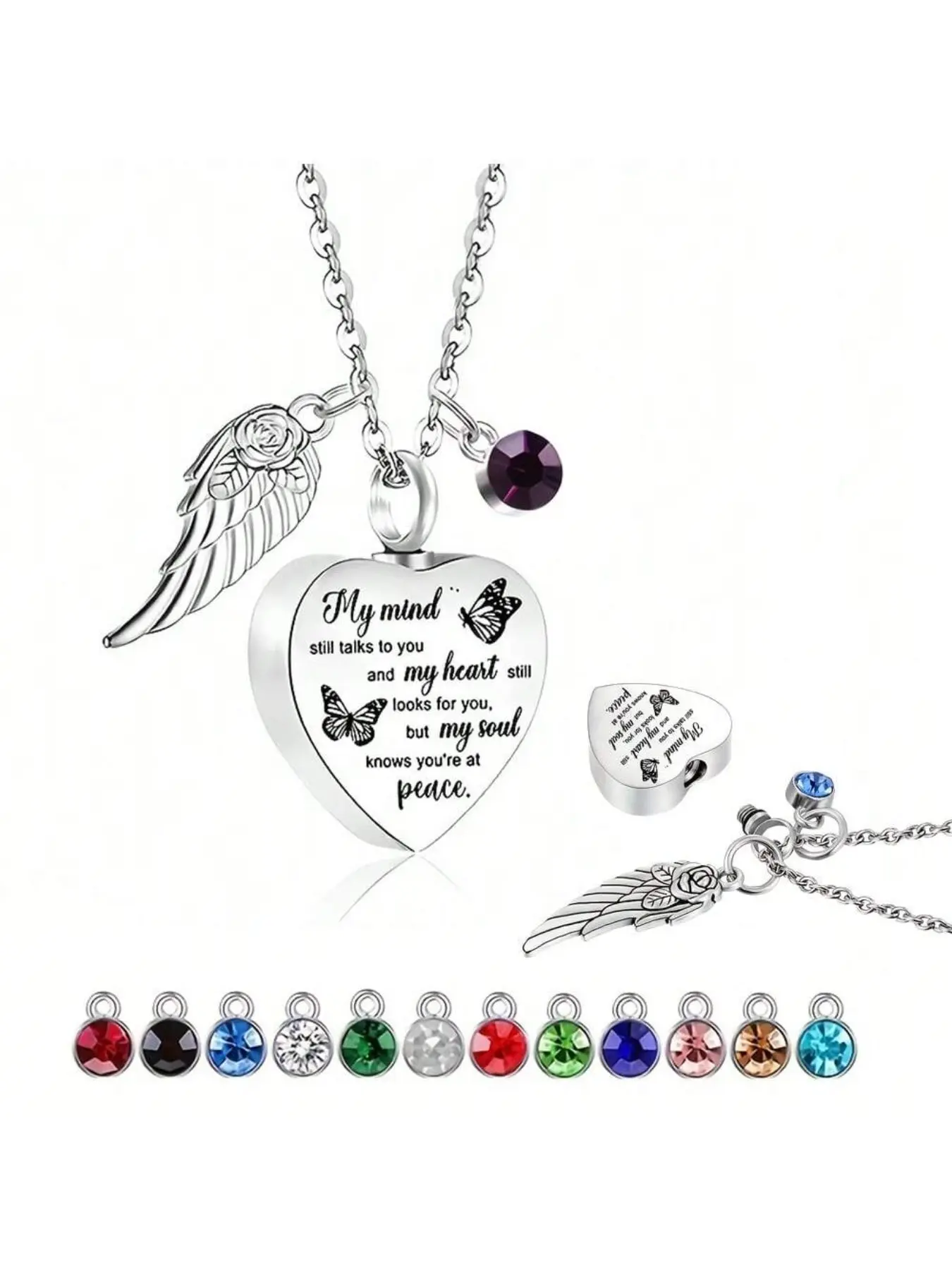 1Pcs Cremation Heart Urn Memorial Necklace for Ashes for Women with 12 Birthstones, Stainless Steel Jewelry, Cremation Ashes Jewelry Keepsake with Angel Wings Jewelry, Necklace Gift, Chain Jewelry