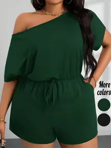 【Plus Size】1 Piece One Shoulder Short Sleeve Drawstring Waist Casual Romper Jumpsuit, Elegant Off Shoulder Summer Streetwear, Soft Lightweight Fabric, Adjustable Waist Tie & Side Pockets Design, Ideal for Daily Wear, Vacation, Beach Trips & Weekend Party,