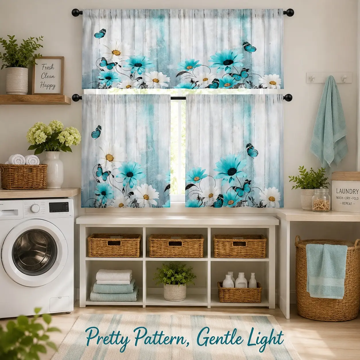 Vintage White Daisy & Teal Butterfly Fabric Print Curtains 1 Set (3-Piece) Polyester Kitchen Curtain Set - 2 Cafe Tiers, Rod Pocket Valance, Window Drapes for Kitchen, Cafe Decor
