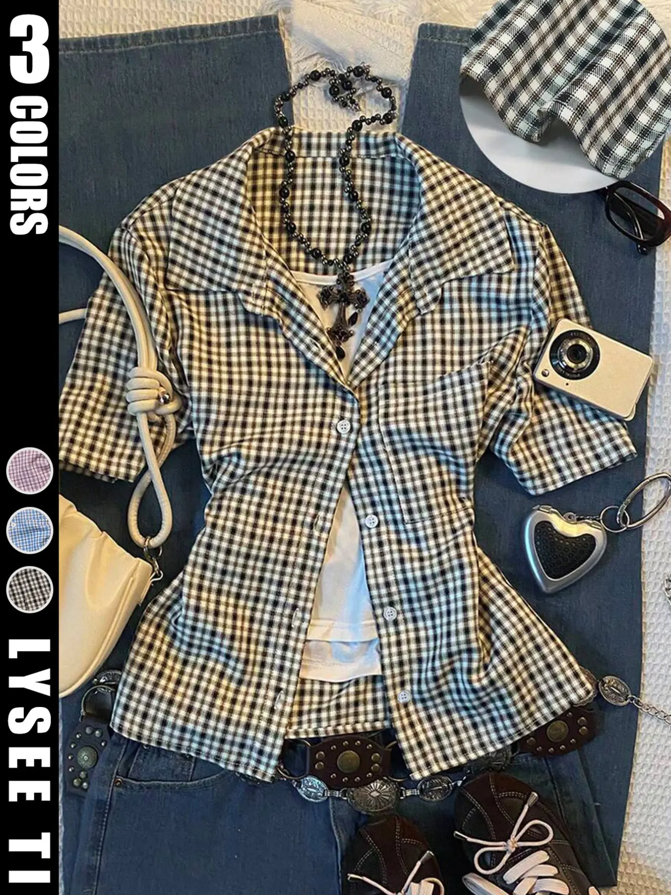 Summer New Y2K Style Casual Retro Sweet Cool Women's Short Sleeve Plaid Button Shirt, Blouse Top, Trendy Fashion Top for Daily Wear, Comfortable and Stylish