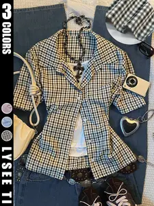 Summer New Y2K Style Casual Retro Sweet Cool Women's Short Sleeve Plaid Button Shirt, Trendy Fashion Top for Daily Wear, Comfortable and Stylish