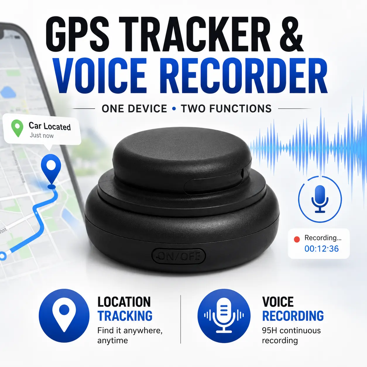 Portable GPS Tracker & Voice Recorder Combo Electronic Device - Android-Compatible, Global Tracking, Long Battery Life, Compact Discreet, USB-Enabled Recording for Phone, Car, Bags, Wallets Use, Mobile