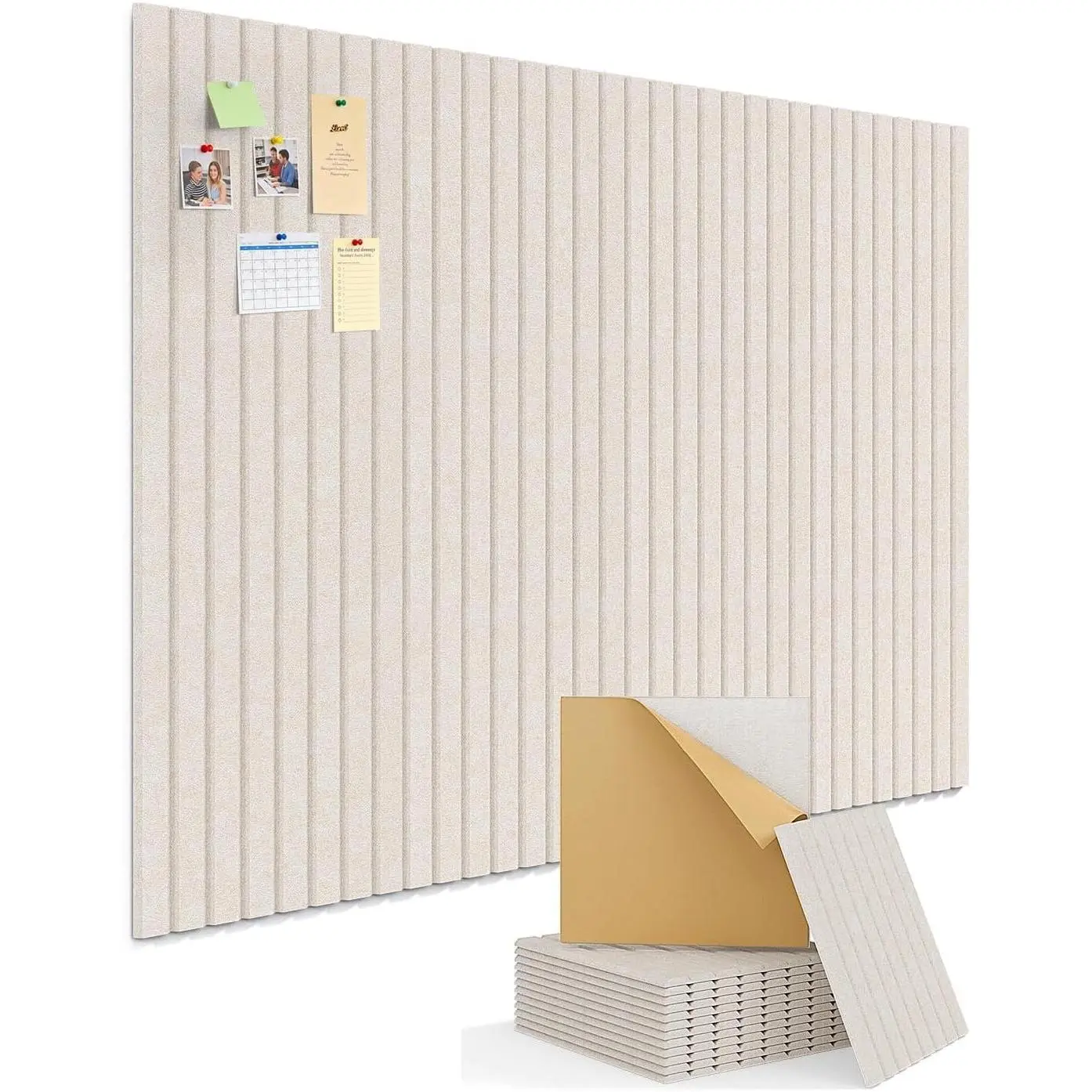 12-Pack Self Adhesive Felt Bulletin Board Tiles - Smooth, Durable Striped Decor, Customizable Synthetic Cork Board Alternative, 48"x36" Large Panels, Beige Memo Wall Display for Office, Room Decor, Desk Use