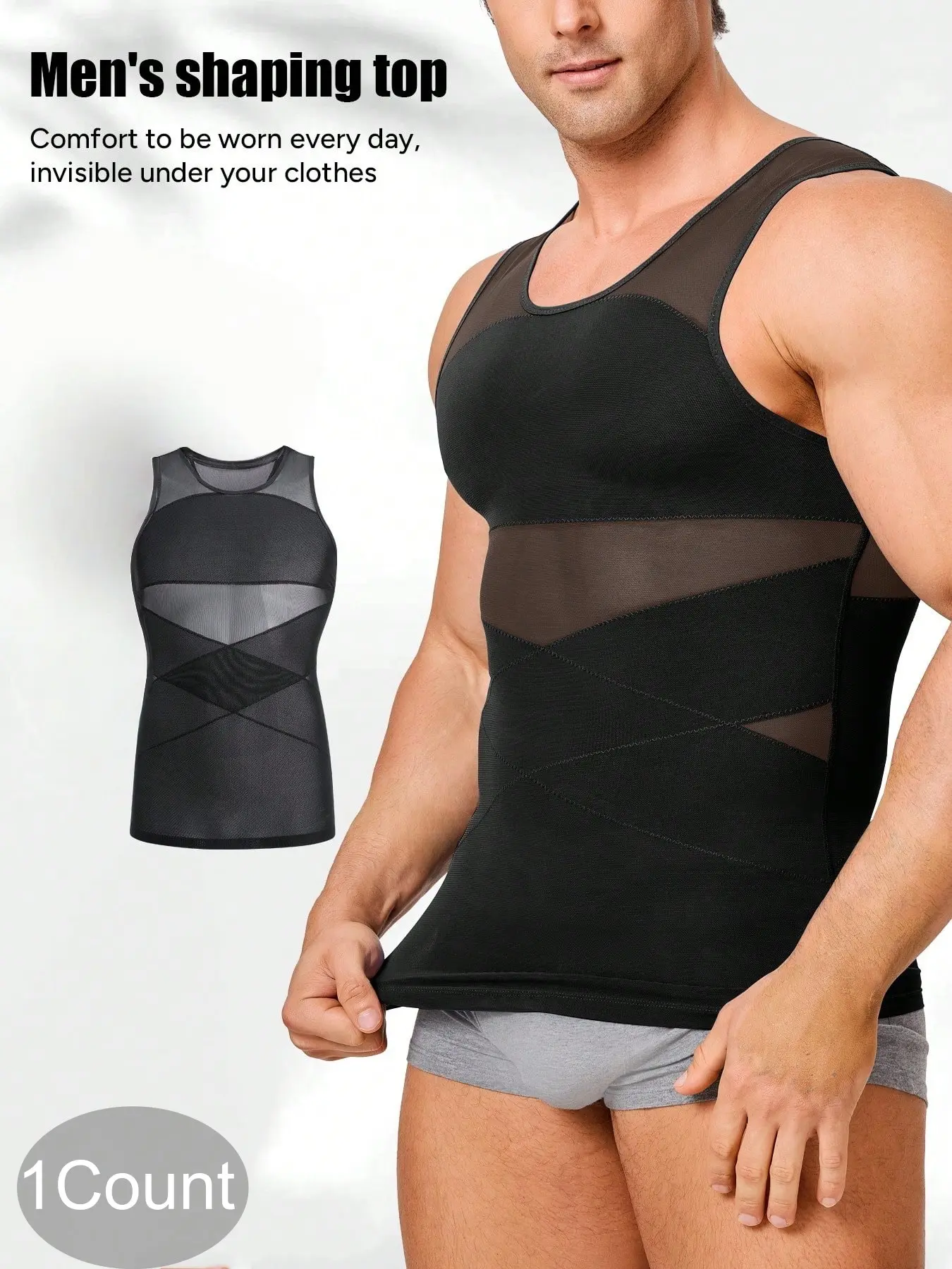 1 Count Men's Breathable Compression Tummy Control Undershirt, Sleeveless Body Shaper Tank Top, Men's Shaper Tank, Fitness Compression Shirt, Sports Style Training Design Wicking Tee, Suitable for Basketball Training,Outdoor Activities,Various Scenarios