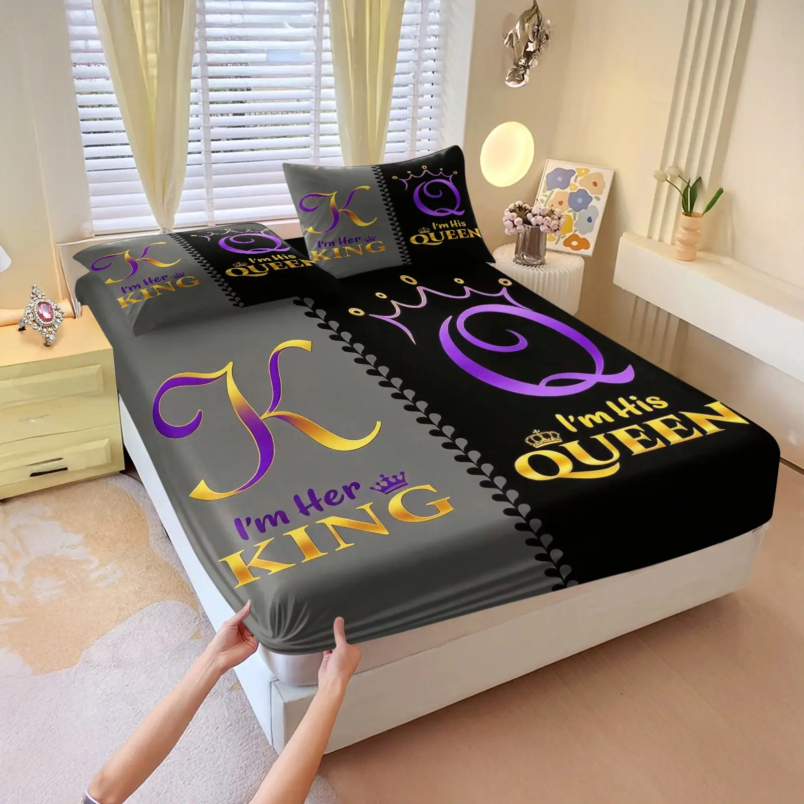 3Pcs Purple Gold Gradient Crown King Queen Fitted Sheet Set, Luxury Couple Letter Theme Trendy Print, Delicate Skin-friendly Smooth Fabric Machine Washable, Snug Fit No Shifting, Couple Home Decor Bedding For Valentine's Day & Anniversary