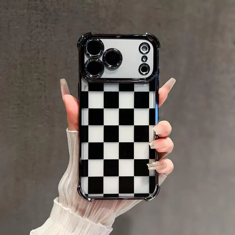 Black checkerboard pattern four-corner anti-fall phone case, suitable for iPhone17 16 15 14 13 12 11 Pro Max plus, shockproof, transparent and sturdy mobile phone case, smartphone protective cover Protection Cellphone.QXA015