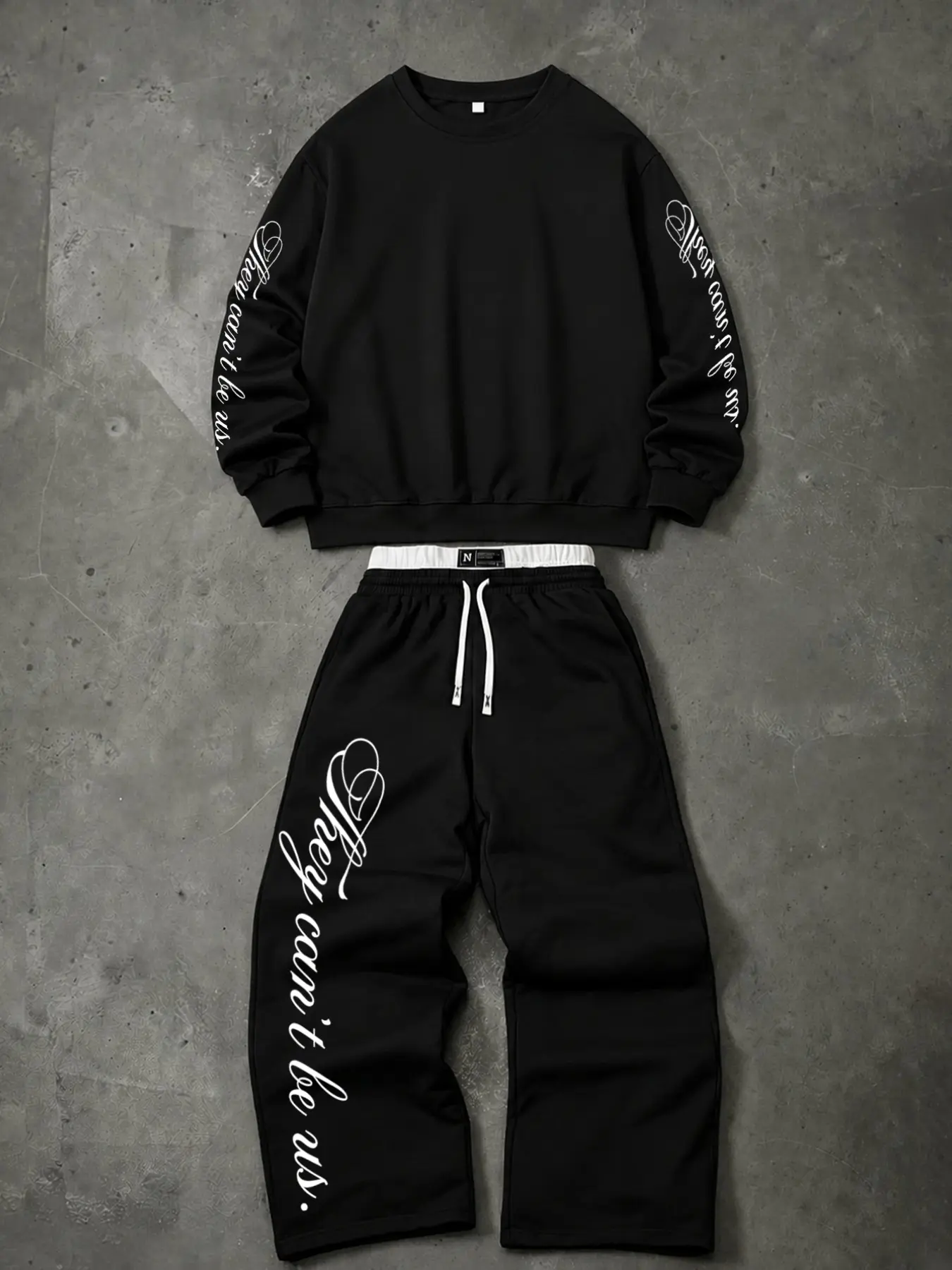 Y2K Streetwear Oversized Sweatsuit for Men Women - Gothic Script Sleeve Graphic Crewneck Sweatshirt and Layered Wide Leg Sweatpants Two Piece Tracksuit Set for Casual Daily Workout Athleisure Set