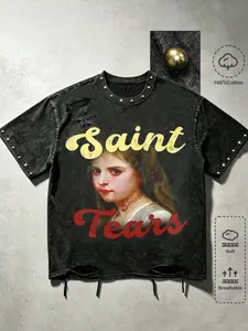100% Cotton Saint Tears Print T-Shirt, Vintage Washed Short Sleeve, Casual Fitted Top, All Seasons Fashion, H-Type Silhouette