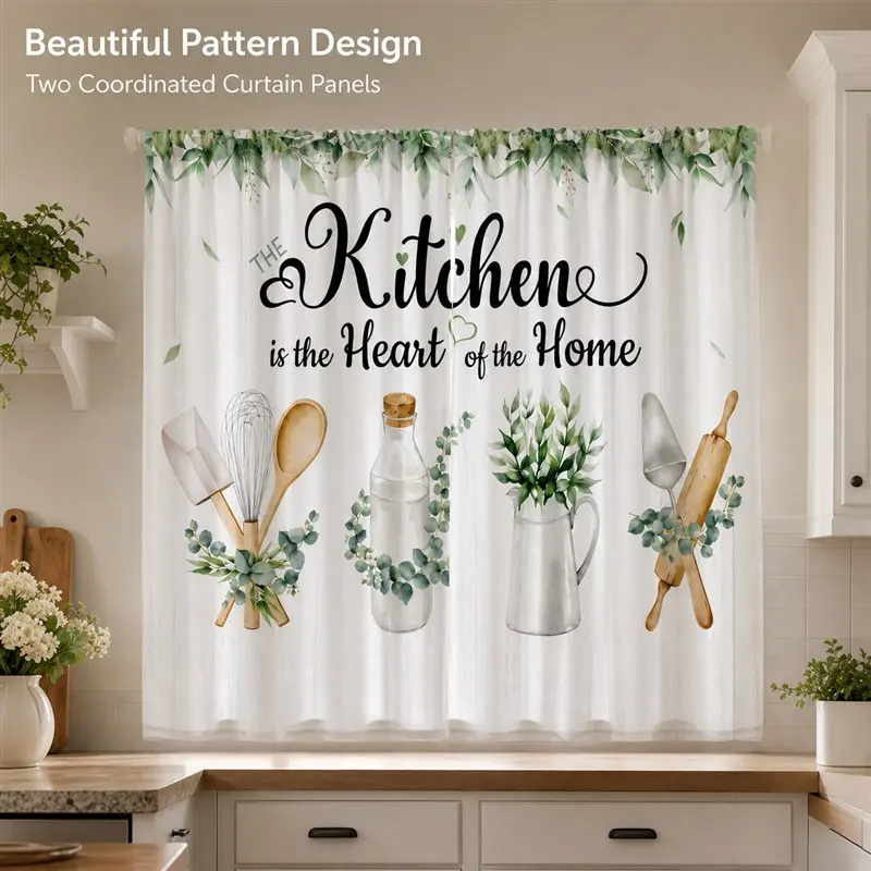 2-Panel Kitchen Window Curtains, Polyester Botanical Utensil & “Kitchen Is the Heart of the Home” Print, Light-Filtering Rod Pocket Drapes for Kitchen, Dining Room & Home Decor
