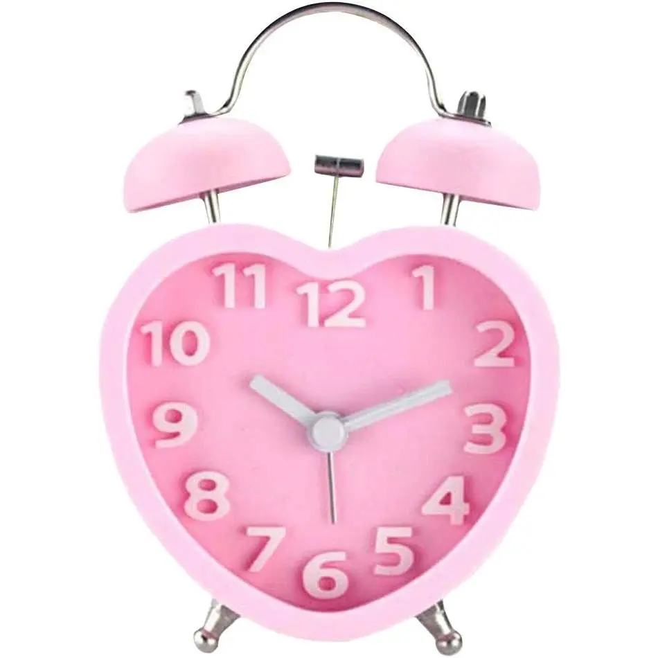 Heart Shaped Silent Analog Quartz Alarm Clock with 3in Dial, Nightlight, Battery Operated - Alarm for Waking Up, Silent Mode for Heavy Sleepers, Pink Household Clock