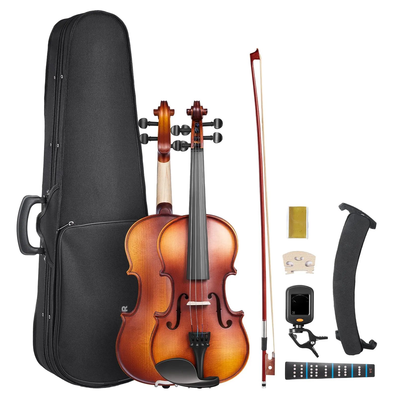 VEVOR 3/4 Size Solidwood Violin - Beginner Stringed Musical Instrument with Hard Case, Rosin, Bow, Shoulder Rest, Bridge, Tuner, Extra Strings (Brown)