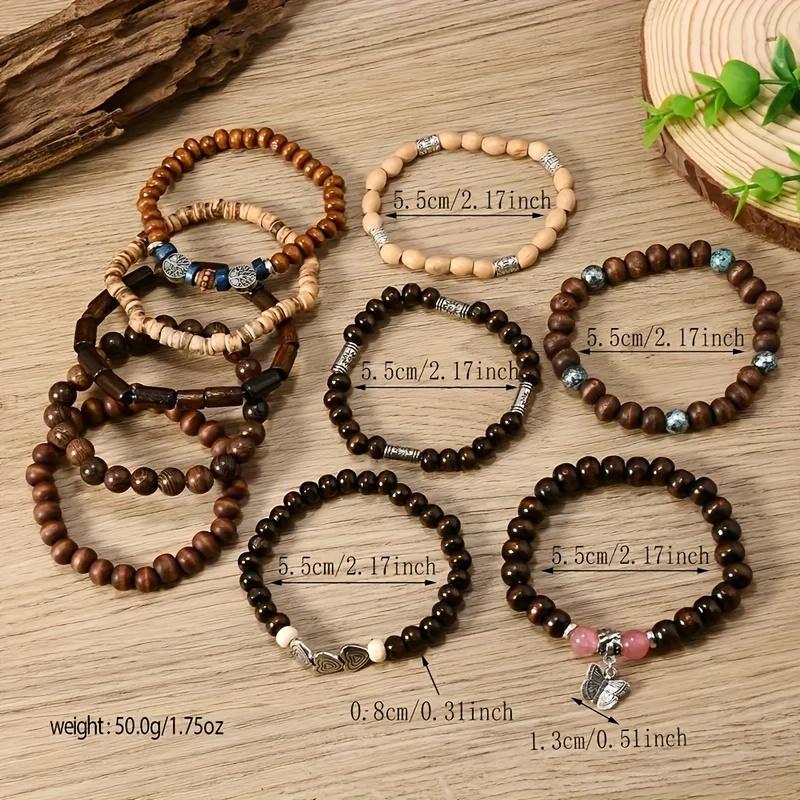 36Pcs Assorted Wooden Beaded Bracelets, Uncoated Metal, Zinc Alloy Charms, Women's Men's Fashion Jewelry, Handmade, Christmas Gift, Random Selection